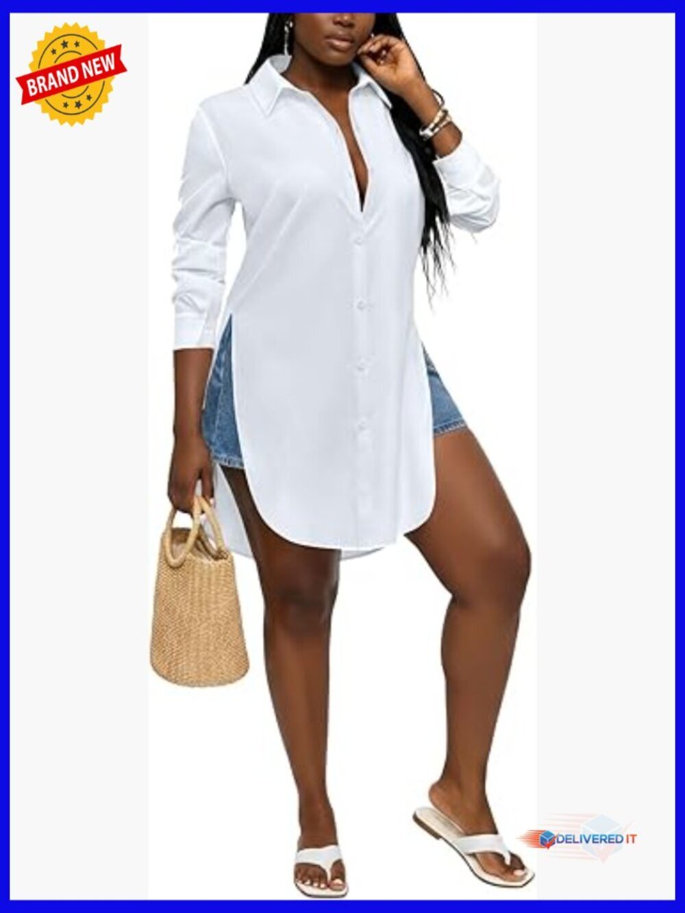 Long Sleeve Button Down Tunic Blouse with Split Hem